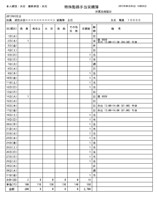 特殊勤務手当実績簿サンプル